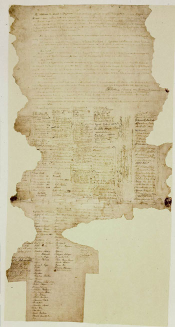The Treaty of Waitangi is not a single large sheet of paper but a group of nine documents: seven on paper and two on parchment. Together they represent an agreement drawn up between representatives of the Crown on the one hand and representatives of Māori iwi and hapū on the other. The Treaty is named after the place in the Bay of Islands where it was first signed on 6 February 1840, but it was also signed in a number of other locations around the country in the following months. © Archives of New Zealand(photo: courtesy of Archives of New Zealand)