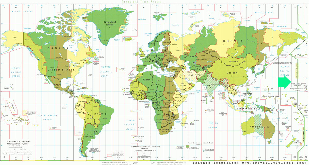 UTC Time Zones and International Date Line [graphic composite: travel1000places.com]